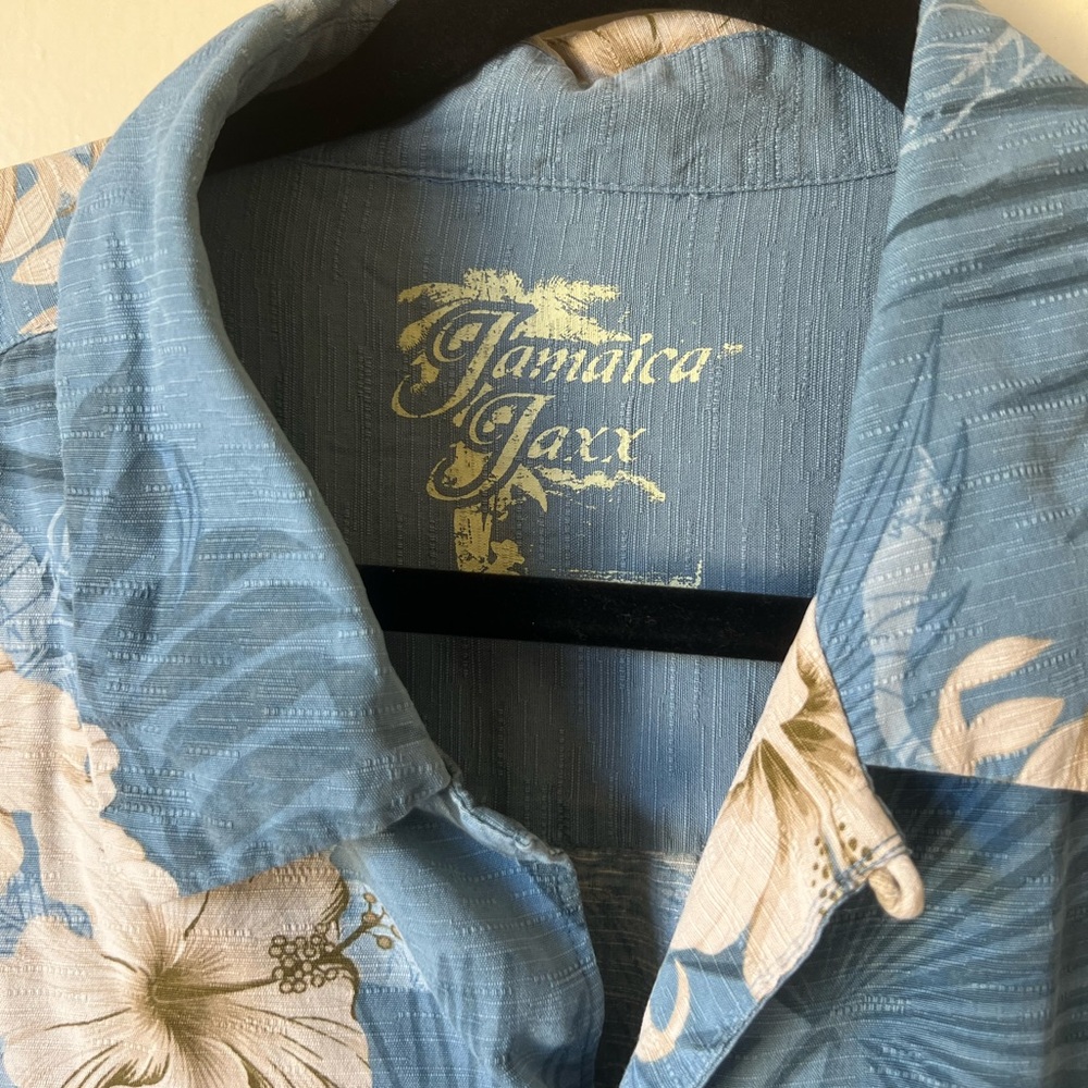 Jamaica Jaxx Blue Floral Print 100% Silk Wood Button Hawaiian Shirt Mens Sz XXL - Picture 3 of 6